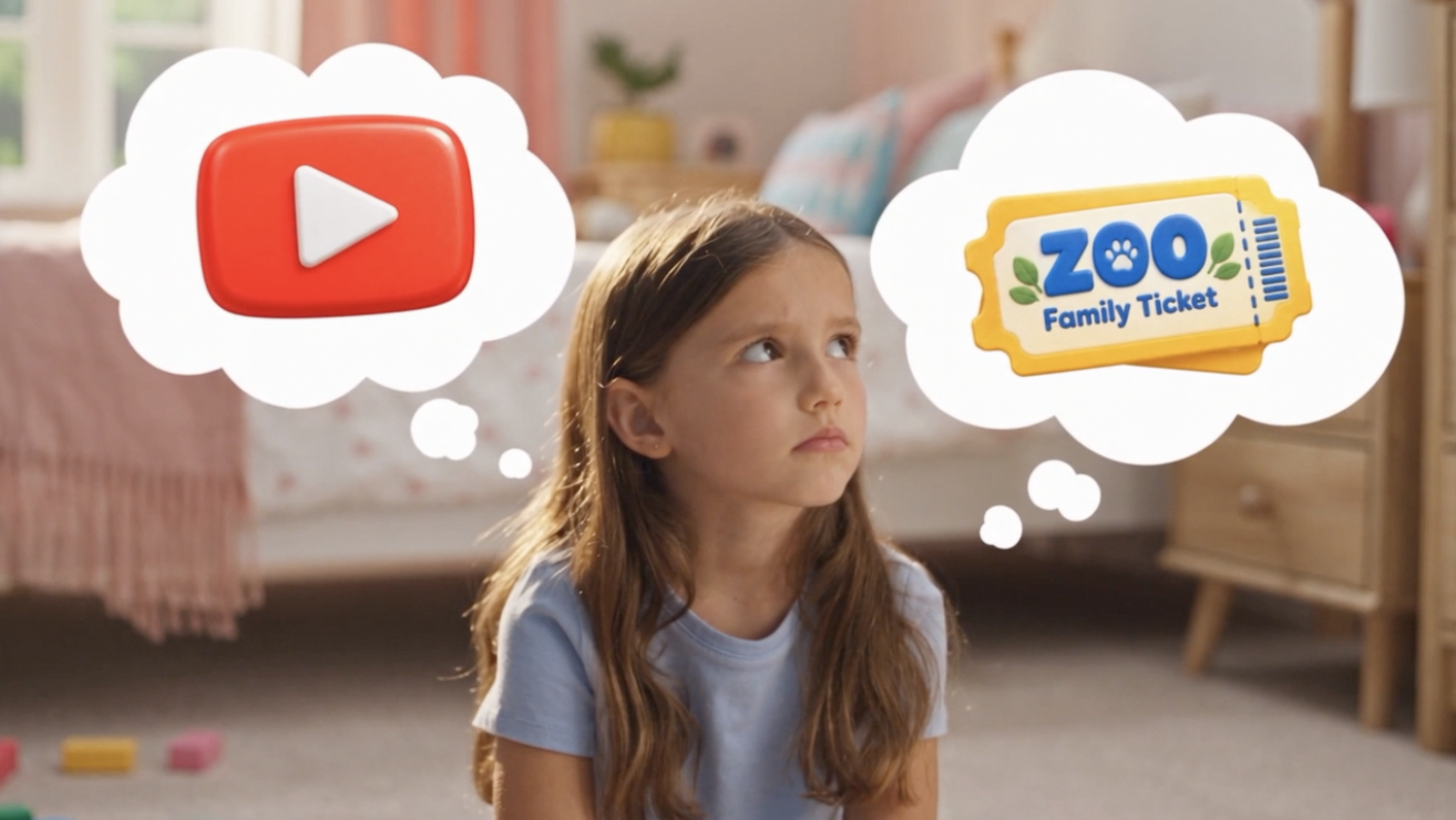A child choosing screen time or a prize